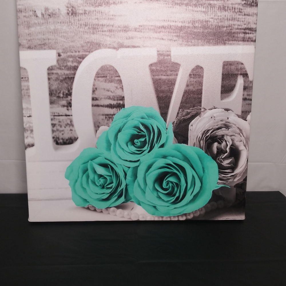 Canvas Art with Teal Roses and Love Design